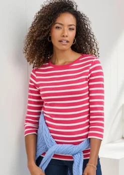 T-Shirts>Cotton Traders Deep Coral Wrinkle Free Stripe Boat Neck Top