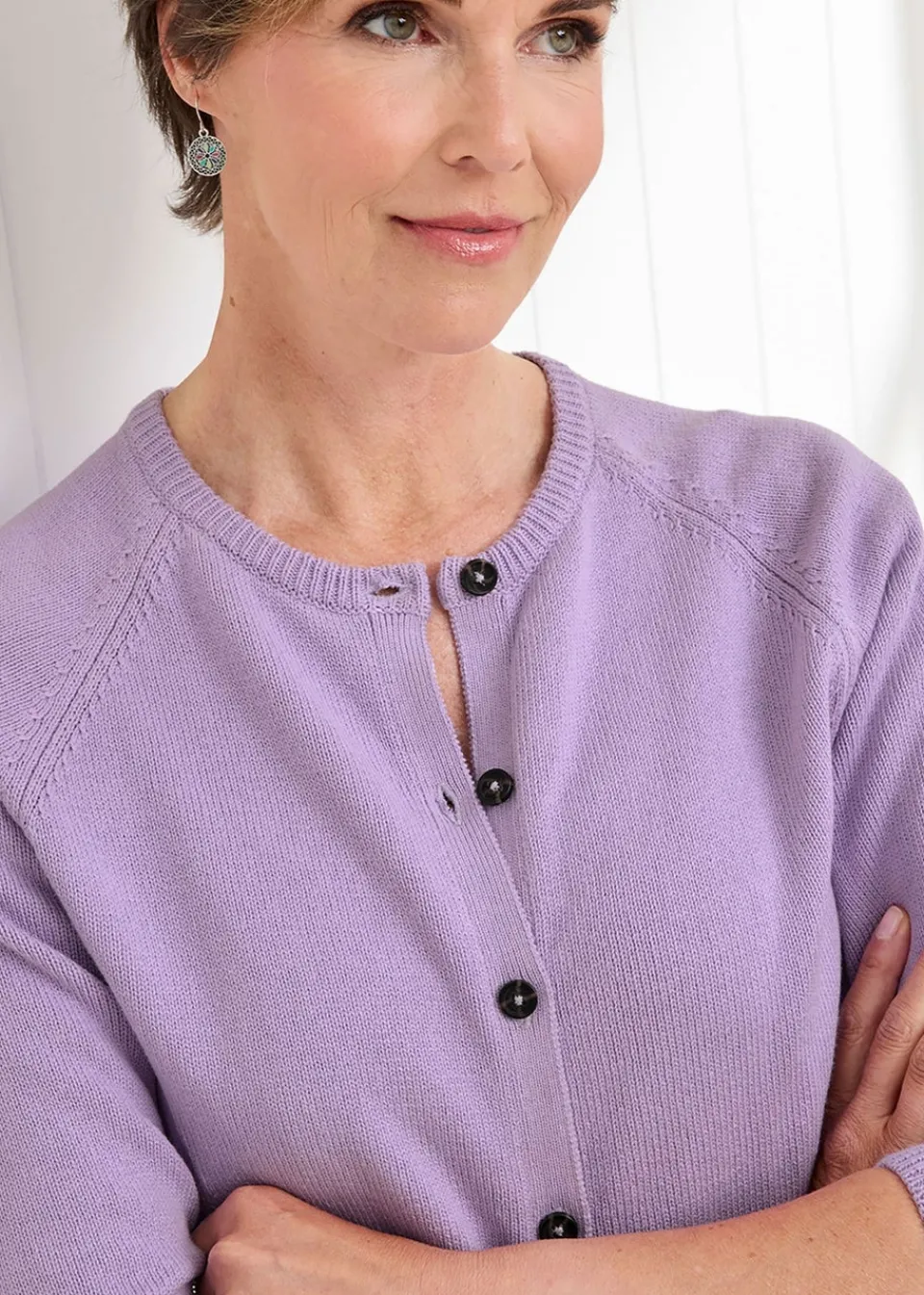 Tops>Cotton Traders Deep Lilac Cotton Crew Neck Cardigan