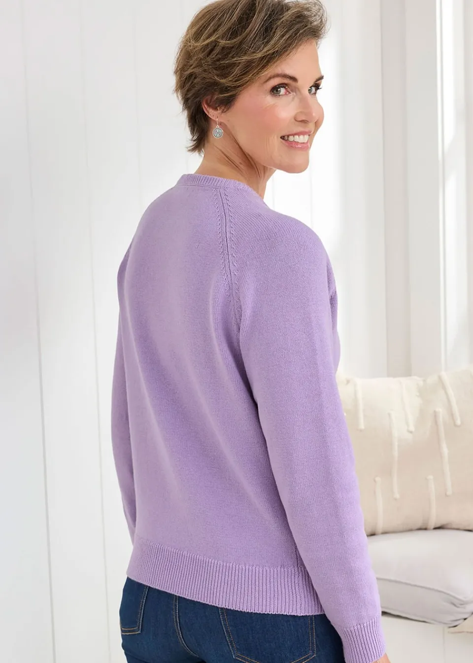 Tops>Cotton Traders Deep Lilac Cotton Crew Neck Cardigan