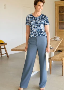 Trousers>Cotton Traders Dusky Blue Textured Jersey Straight-Leg Trousers