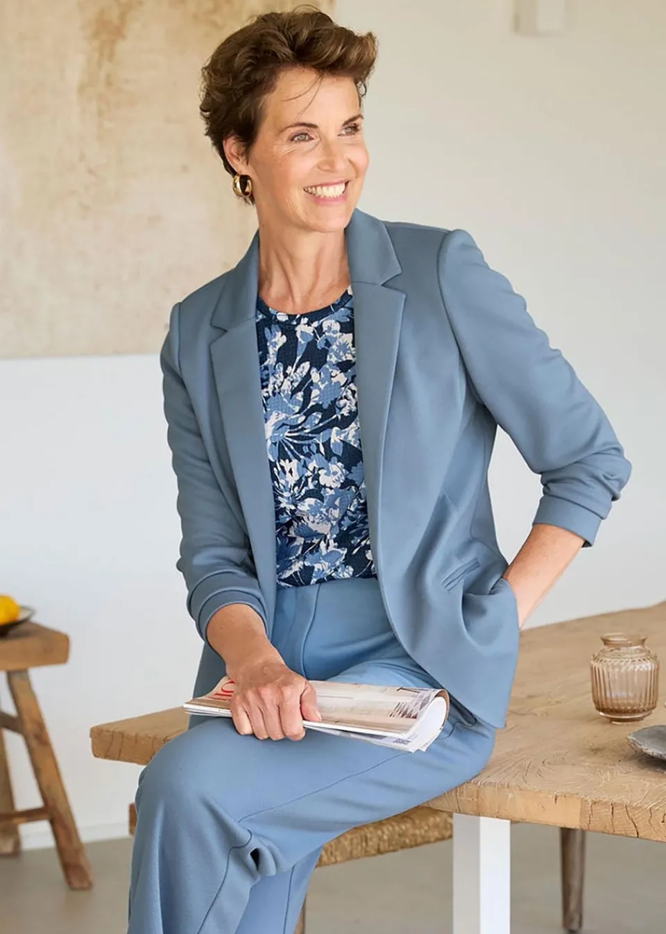 Coats & Jackets>Cotton Traders Dusky Blue Textured Jersey Unlined Blazer