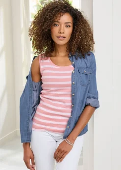 Tops>Cotton Traders Dusky Pink Wrinkle Free Scoop Neck Stripe Vest