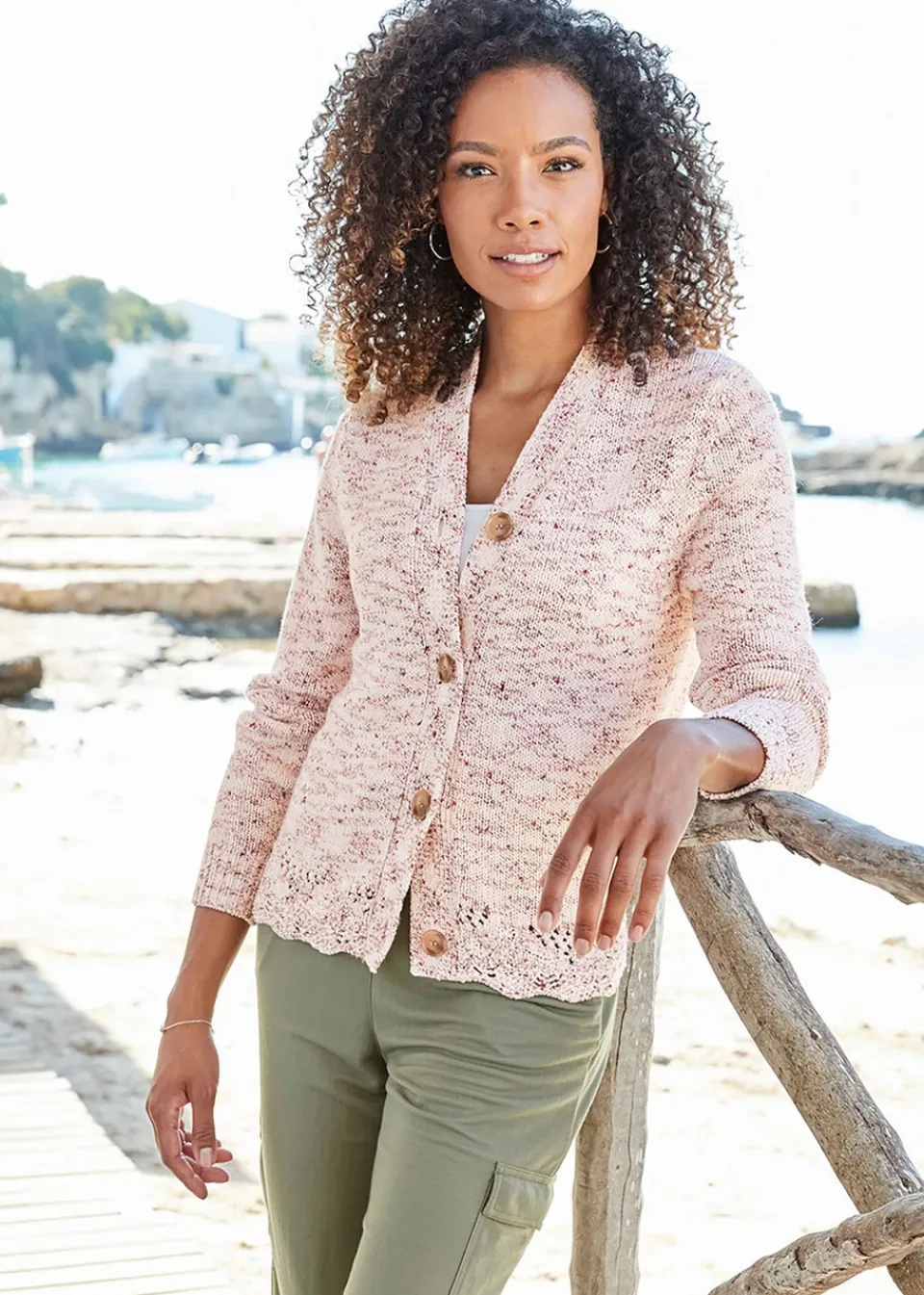 Tops>Cotton Traders Dusky Raspberry Crochet Hem Cardigan