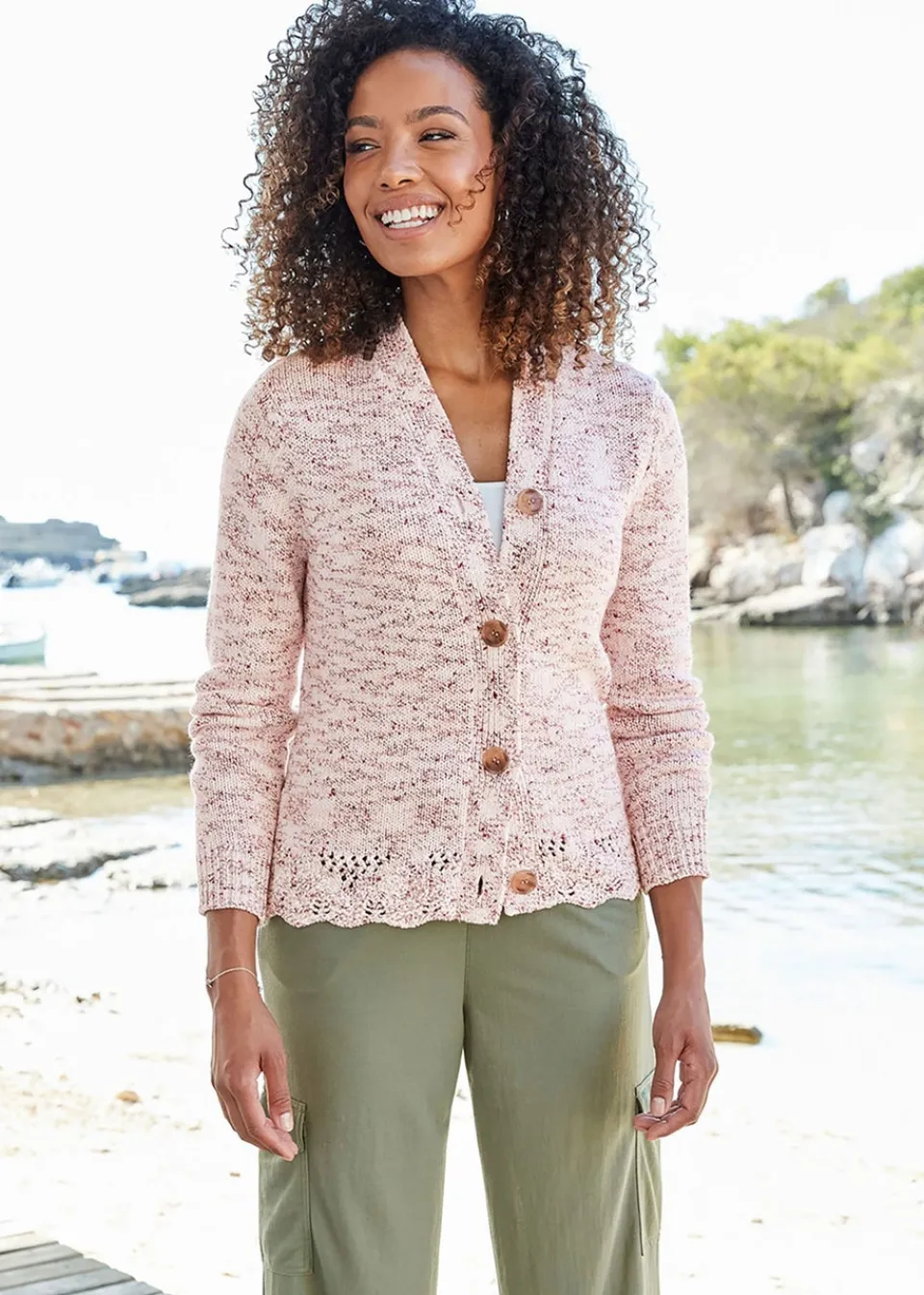 Tops>Cotton Traders Dusky Raspberry Crochet Hem Cardigan