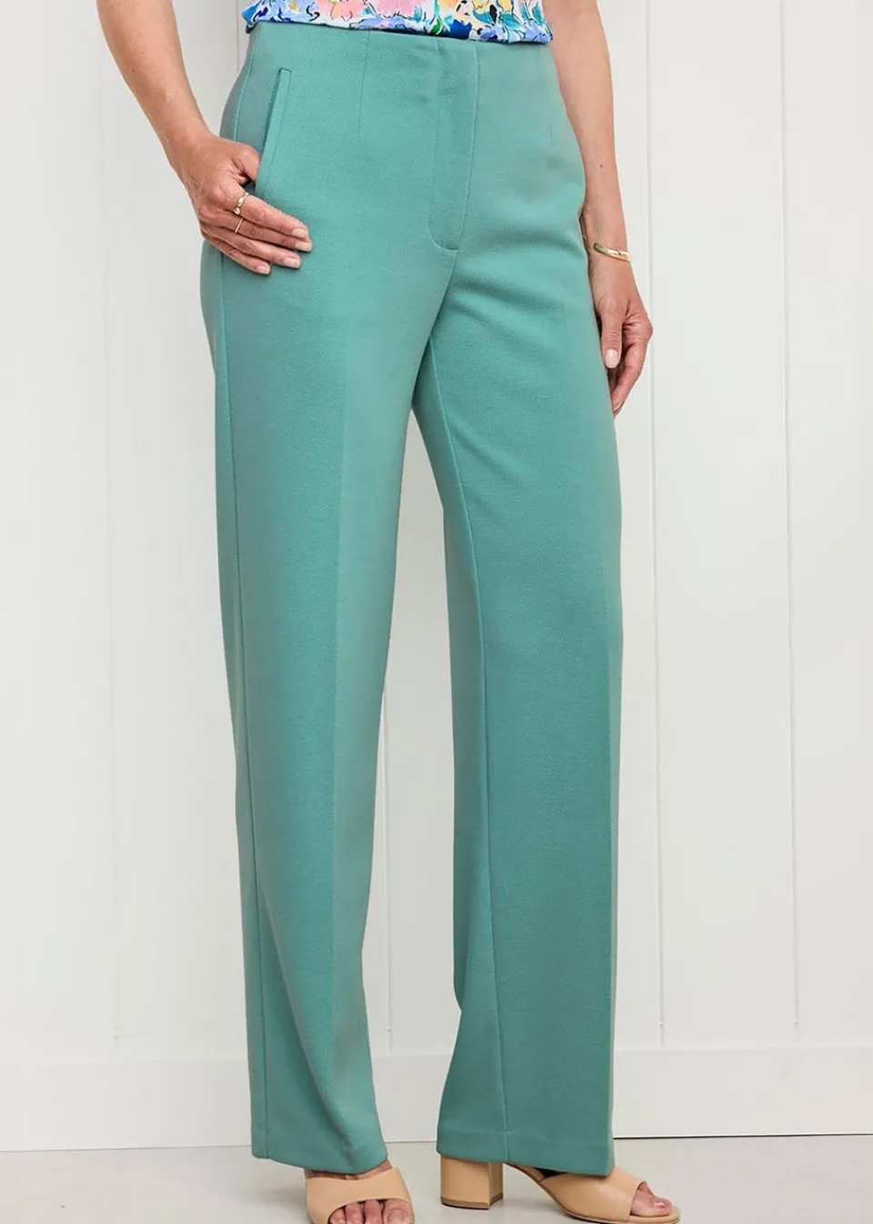 Trousers>Cotton Traders Dusty Jade Textured Jersey Straight-Leg Trousers