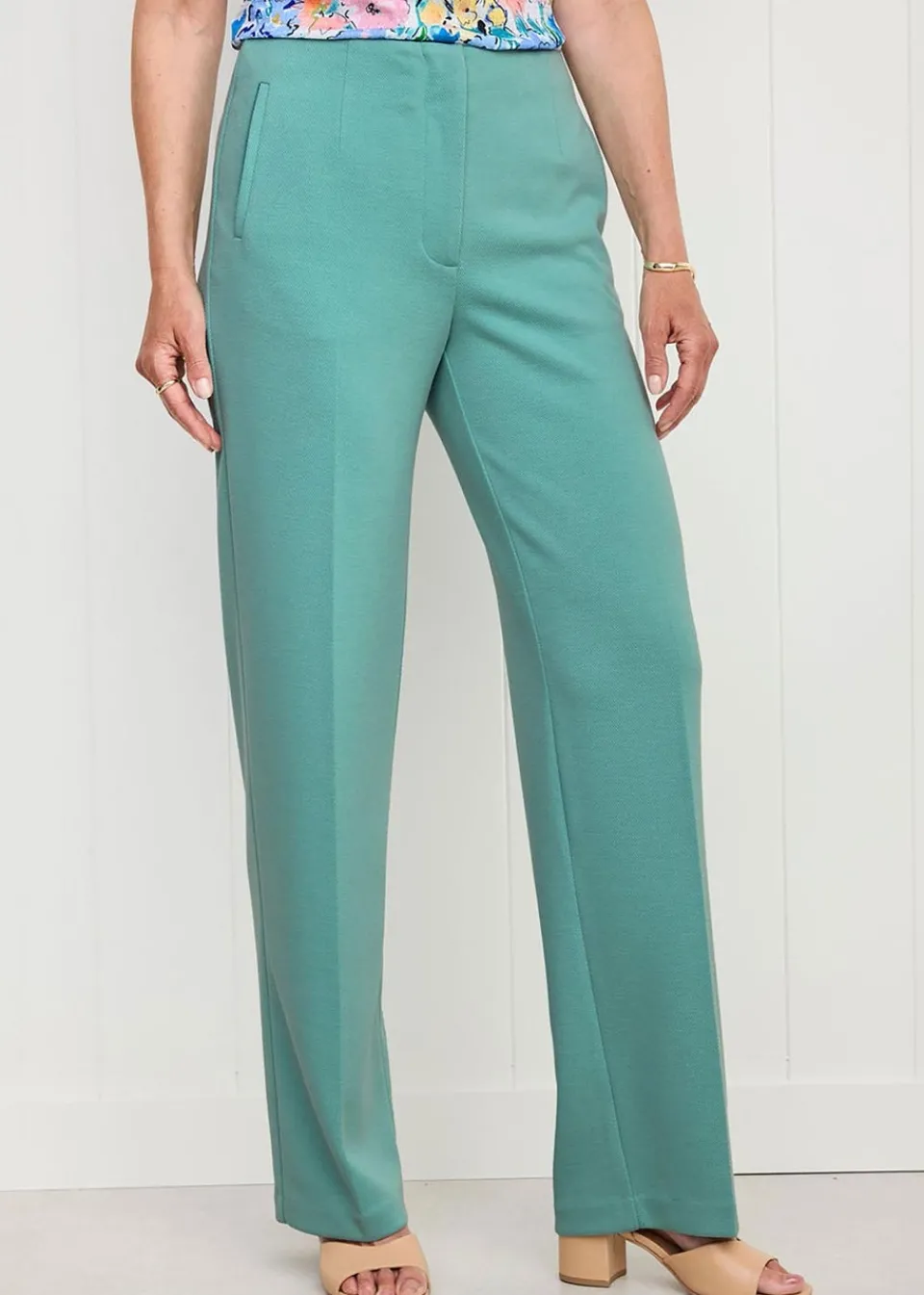 Trousers>Cotton Traders Dusty Jade Textured Jersey Straight-Leg Trousers