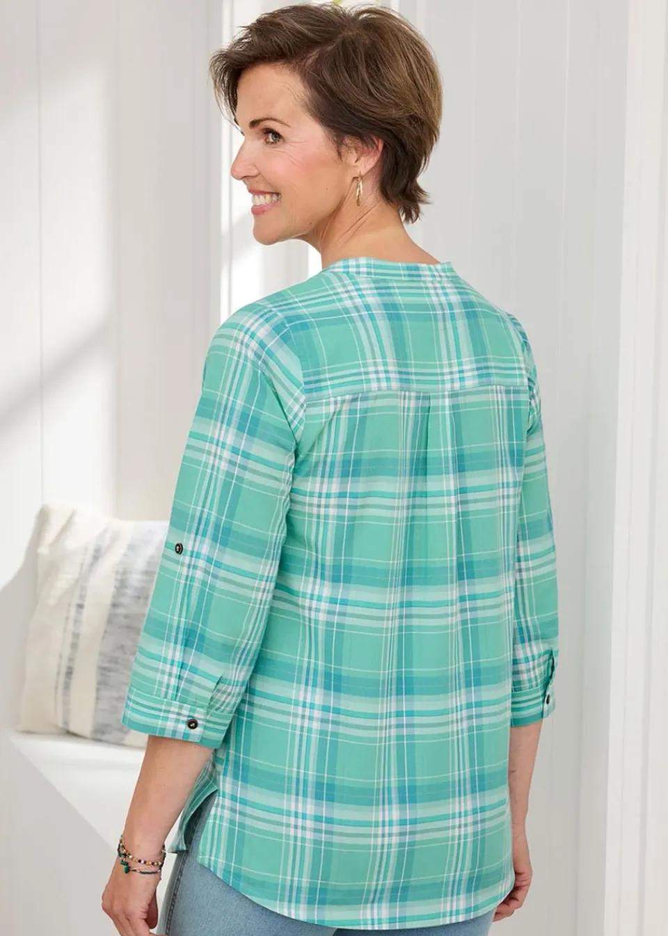 Tops>Cotton Traders Dusty Jade Cotton Check Blouse