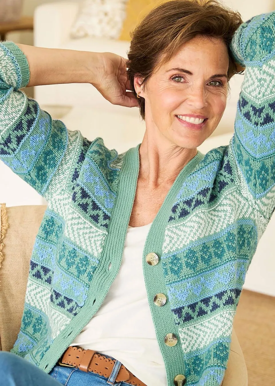 Knitwear>Cotton Traders Dusty Jade Fair Isle Button Cardigan