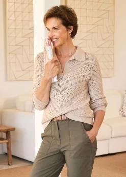 Tops>Cotton Traders Ecru Collared Pointelle Jumper