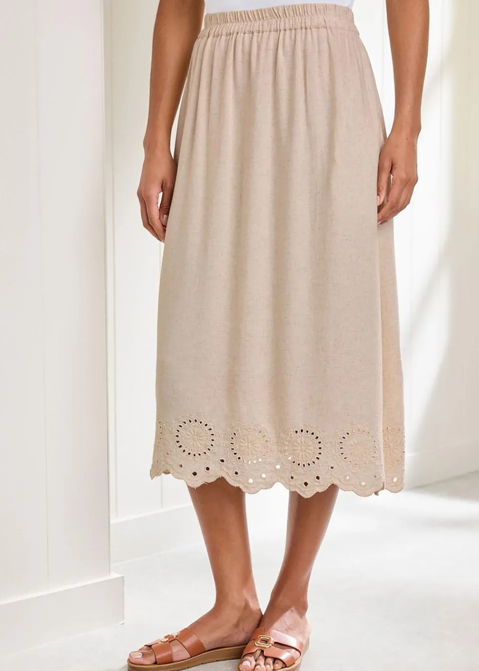 Skirts>Cotton Traders Ecru Pull On Cut Work Midi Skirt