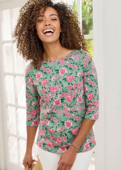 T-Shirts>Cotton Traders Green 3/4 Sleeve Boat Neck Printed Top