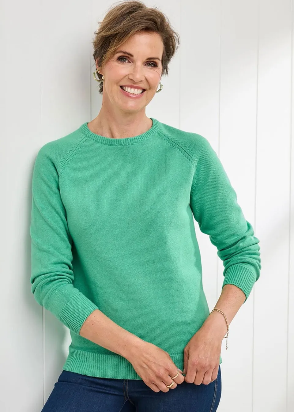 Tops>Cotton Traders Green Cotton Crew Neck Jumper
