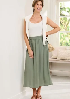 Skirts>Cotton Traders Grey Green Pull On Crinkle Maxi Skirt