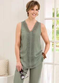 Tops>Cotton Traders Grey Green Lace Trim Crinkle Vest