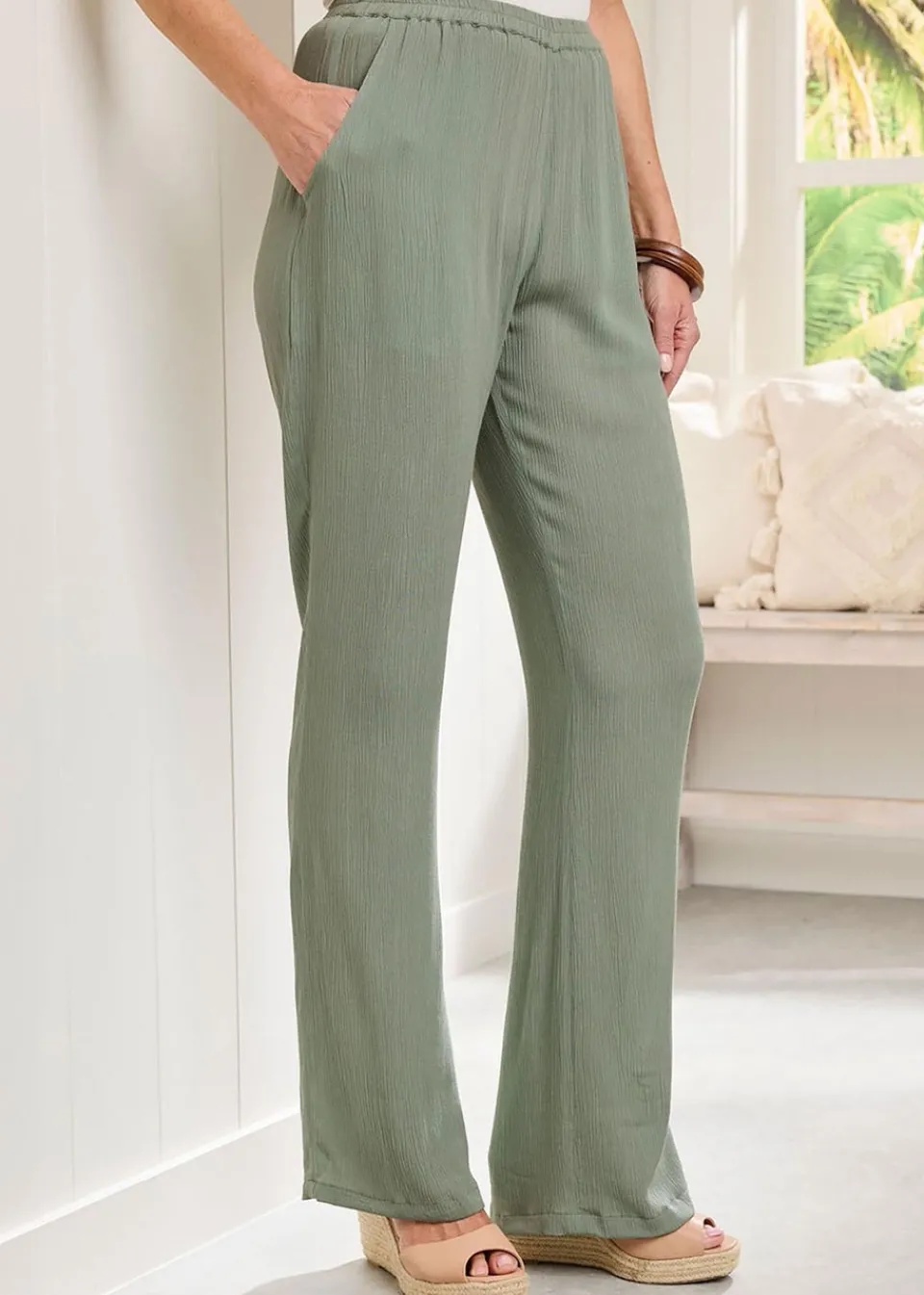 Trousers>Cotton Traders Grey Green Pull On Crinkle Trousers