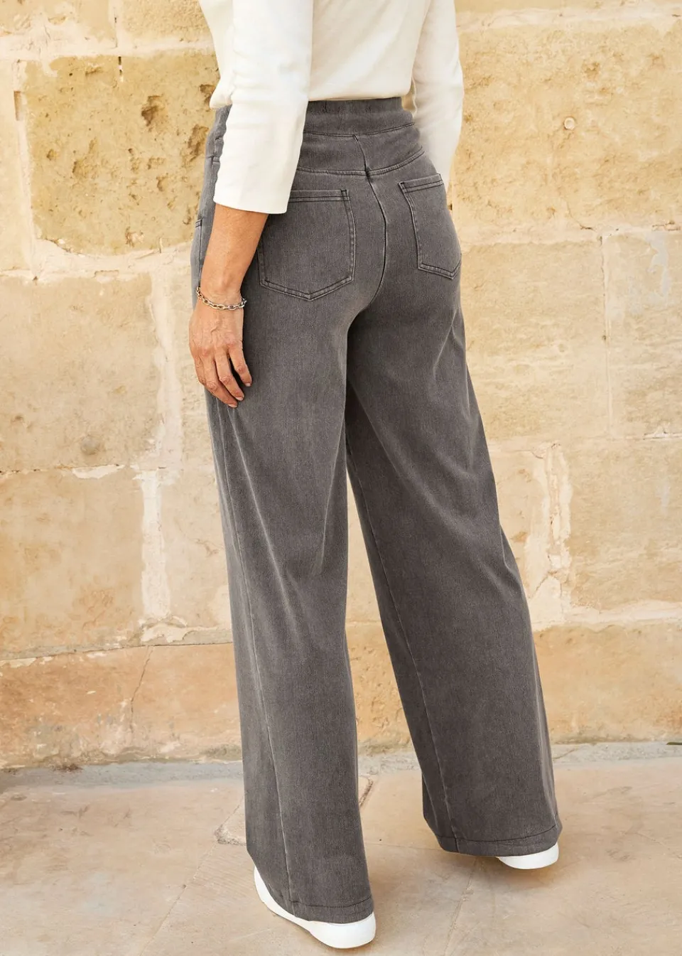 Trousers>Cotton Traders Grey Stretch Jersey Denim Wide-Leg Pull-On Trousers