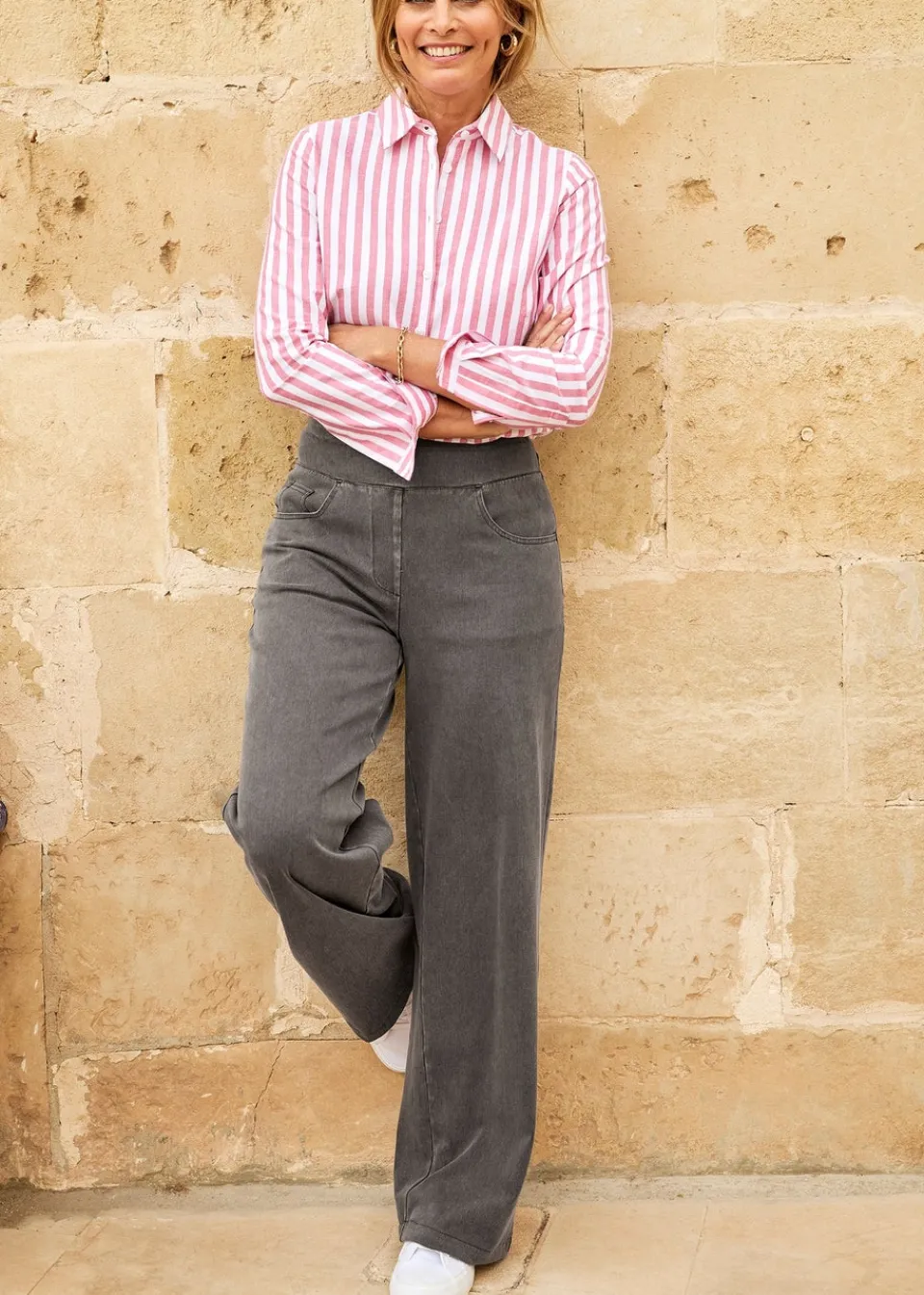 Trousers>Cotton Traders Grey Stretch Jersey Denim Wide-Leg Pull-On Trousers