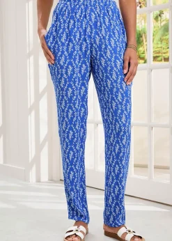 Trousers>Cotton Traders Indigo Printed Crinkle Tapered Leg Trousers
