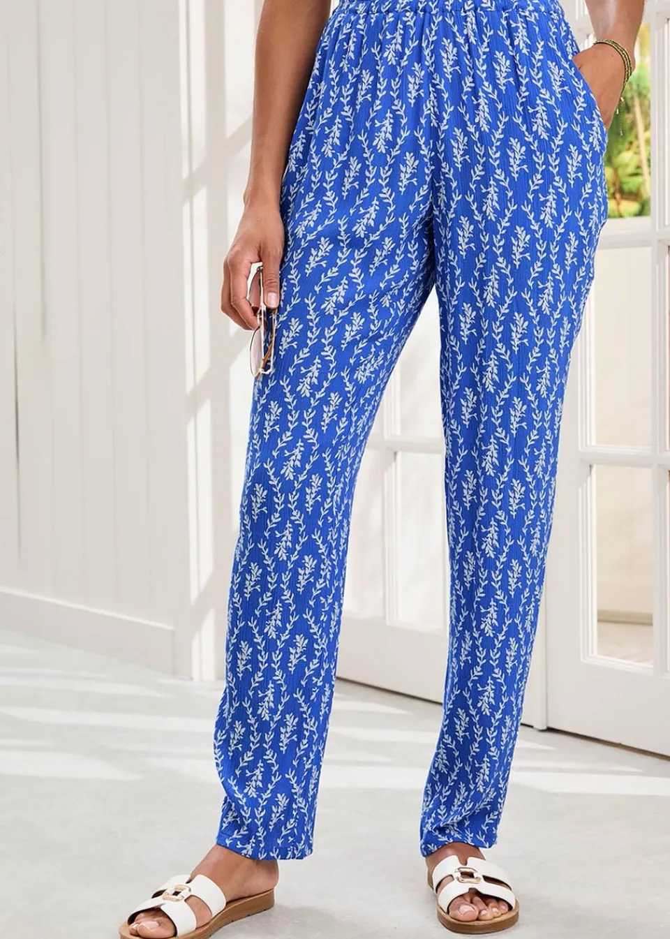 Trousers>Cotton Traders Indigo Printed Crinkle Tapered Leg Trousers