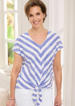 T-Shirts>Cotton Traders Indigo Stripe Tie Front Jersey Top