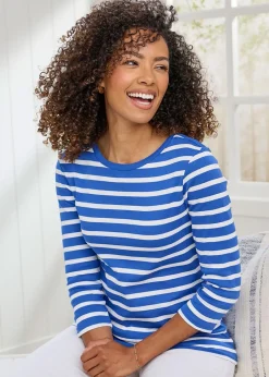 T-Shirts>Cotton Traders Indigo Wrinkle Free Stripe Boat Neck Top