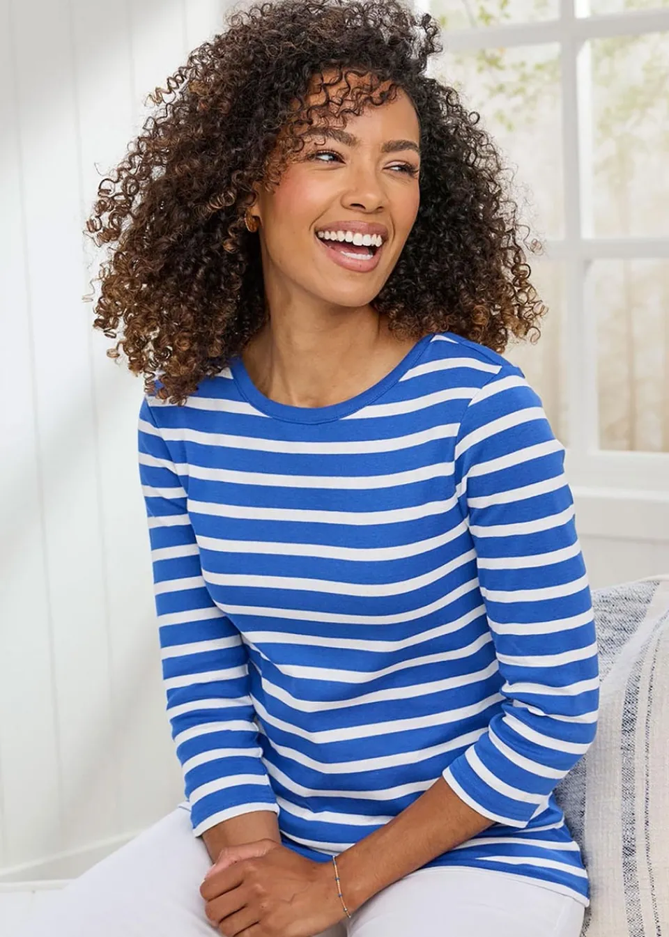 T-Shirts>Cotton Traders Indigo Wrinkle Free Stripe Boat Neck Top