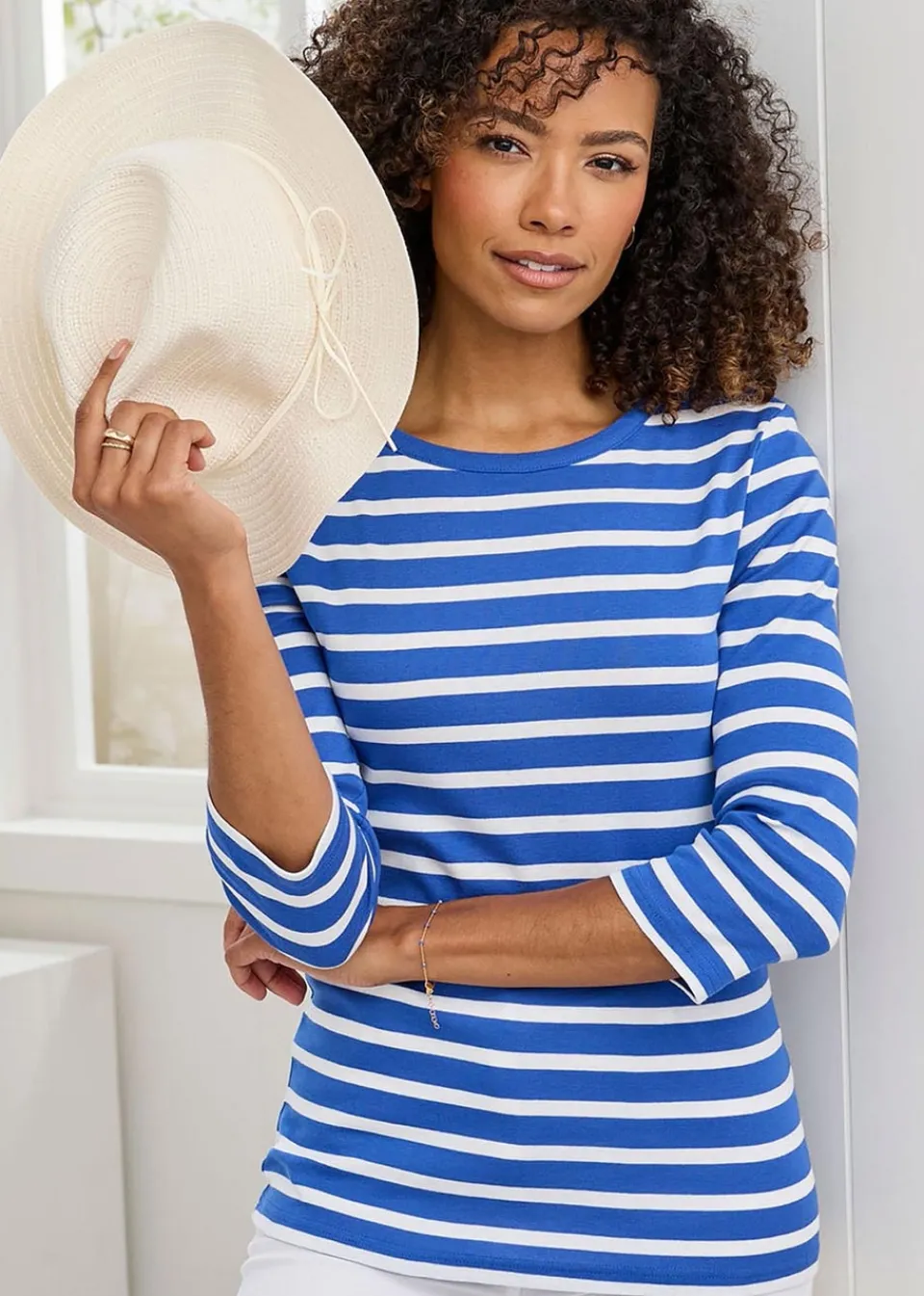 T-Shirts>Cotton Traders Indigo Wrinkle Free Stripe Boat Neck Top