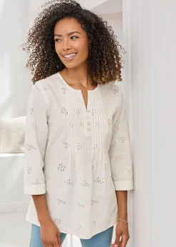 T-Shirts>Cotton Traders Ivory Broderie Pintuck Blouse