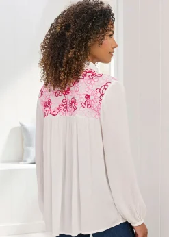 Tops>Cotton Traders Ivory Embroidered Crinkle Blouse