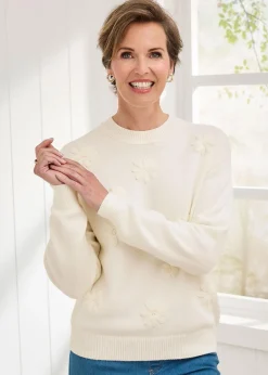 Tops>Cotton Traders Ivory Embroidered Jumper