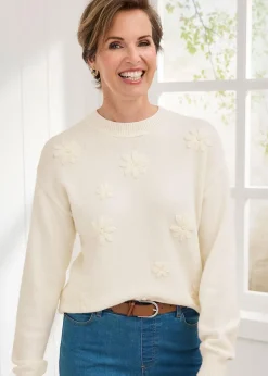 Tops>Cotton Traders Ivory Embroidered Jumper