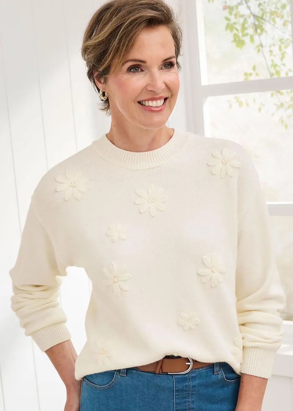 Tops>Cotton Traders Ivory Embroidered Jumper