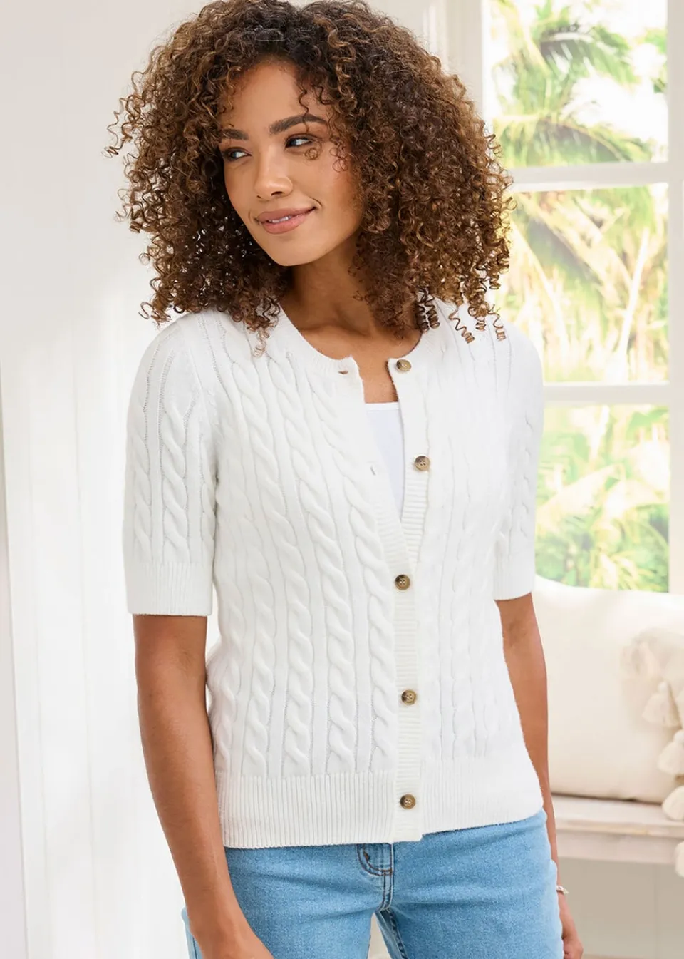 Tops>Cotton Traders Ivory Short Sleeve Cable Cardigan