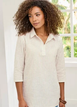 Tops>Cotton Traders Ivory Stripe 3/4 Sleeve Cotton-Linen Overshirt
