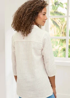 Tops>Cotton Traders Ivory Stripe 3/4 Sleeve Cotton-Linen Overshirt