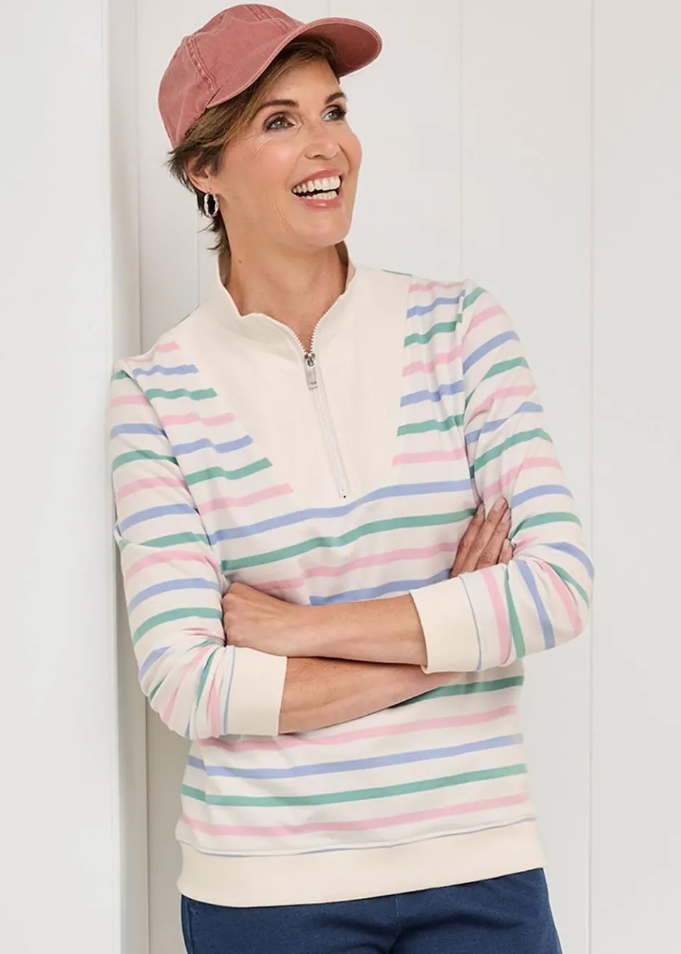 Tops>Cotton Traders Ivory Stripe Zip-Neck Sweatshirt
