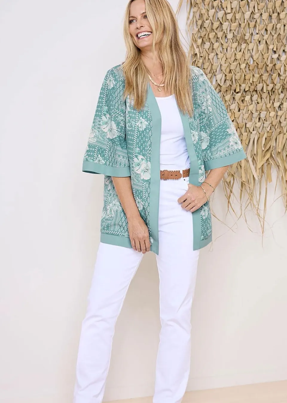 Coats & Jackets>Cotton Traders Jade Green Printed Kimono