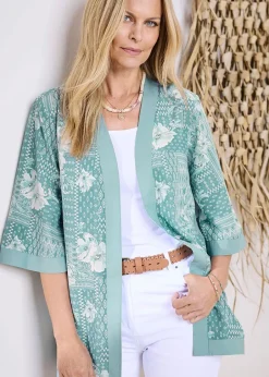 Coats & Jackets>Cotton Traders Jade Green Printed Kimono
