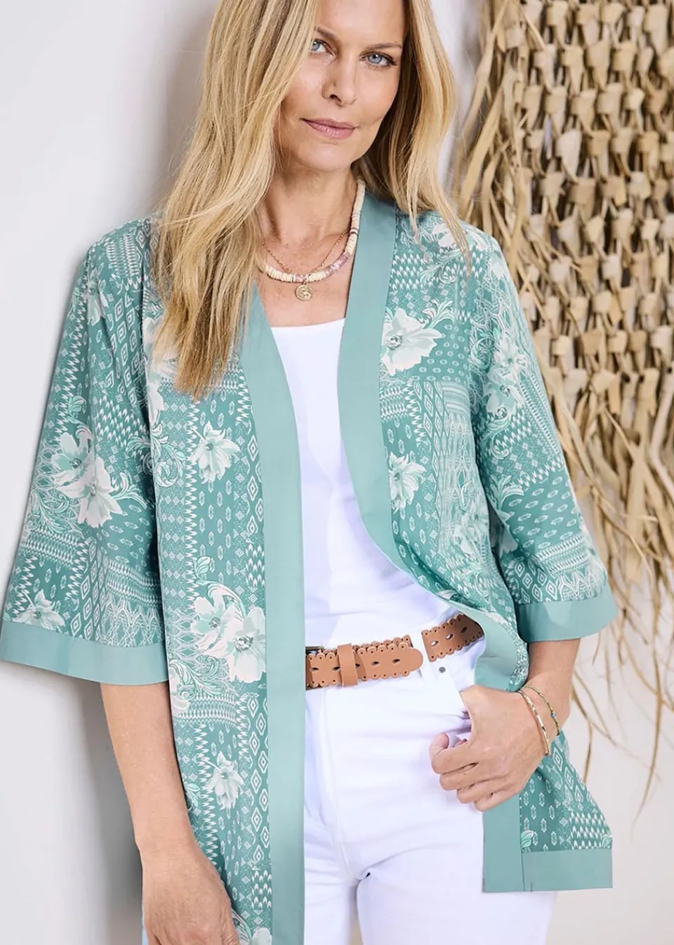 Coats & Jackets>Cotton Traders Jade Green Printed Kimono