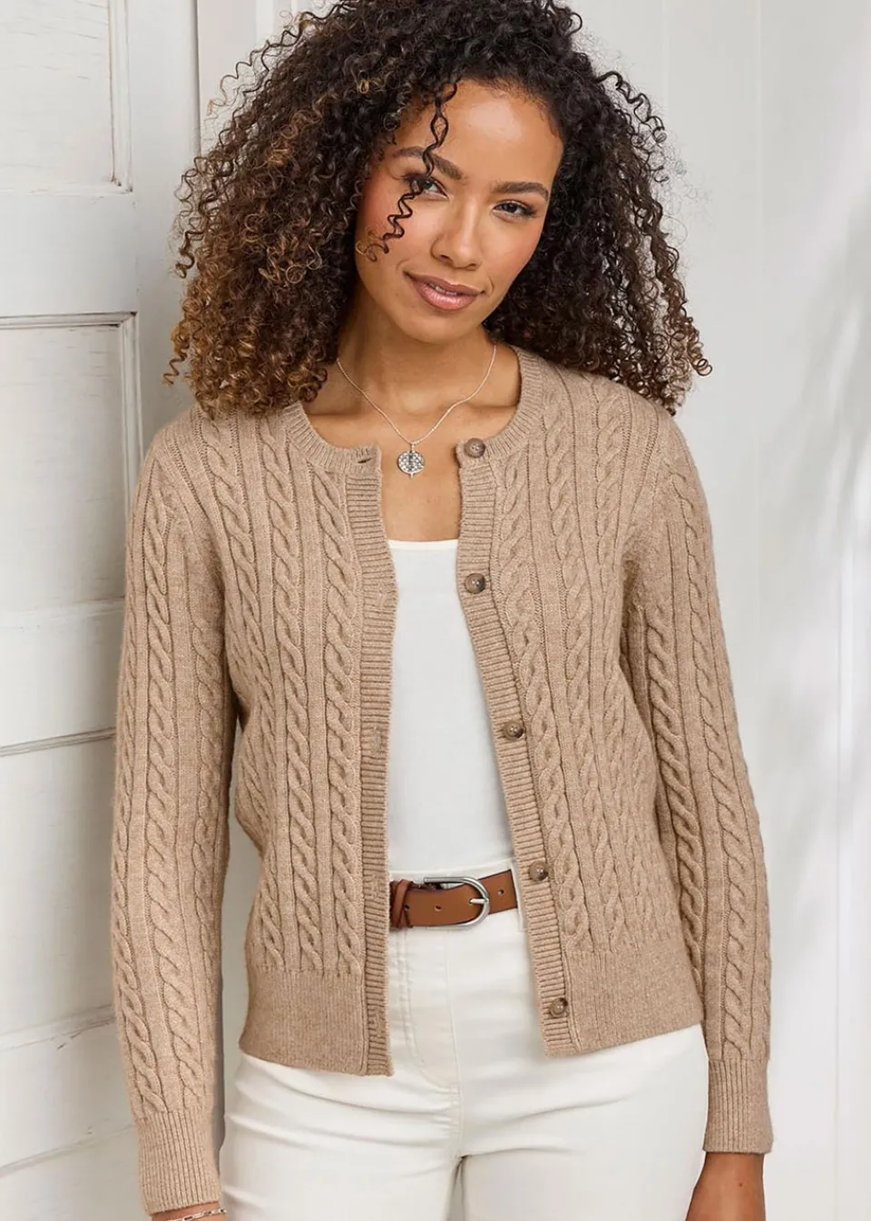 Tops>Cotton Traders Latte Cutest Cable Cardigan