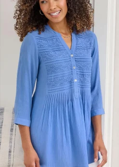 Tops>Cotton Traders Lavender Crinkle Lace Trim Tunic