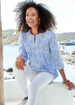 Tops>Cotton Traders Lavender Print Broderie Pintuck Blouse