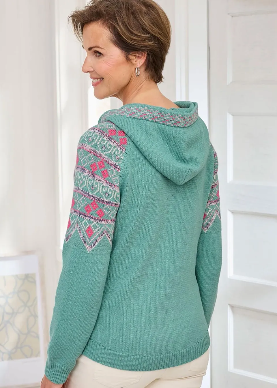 Tops>Cotton Traders Light Teal Fair Isle Hooded Jumper
