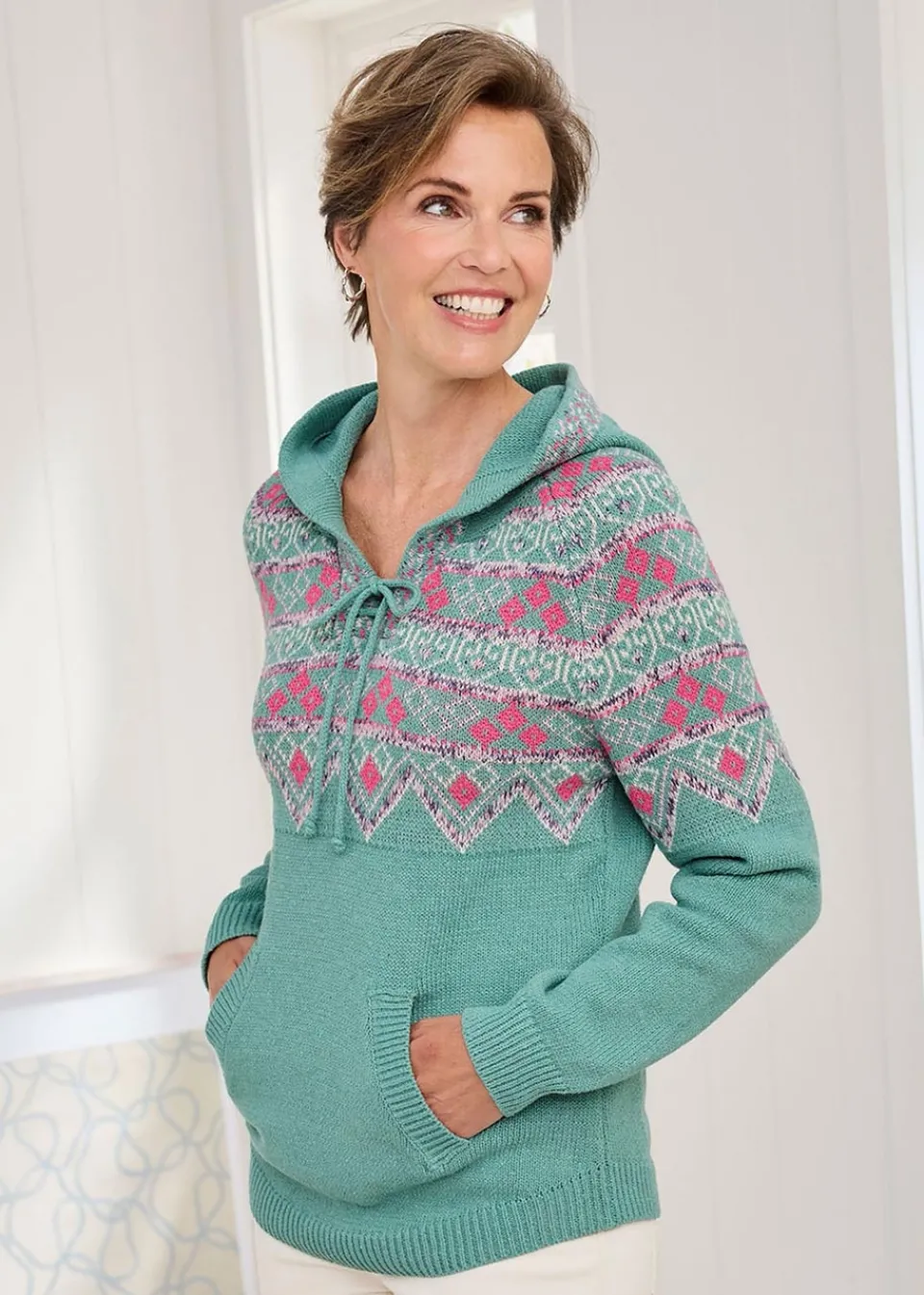 Tops>Cotton Traders Light Teal Fair Isle Hooded Jumper