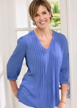 Tops>Cotton Traders Midnight Blue 3/4 Sleeve V Neck Crinkle Top