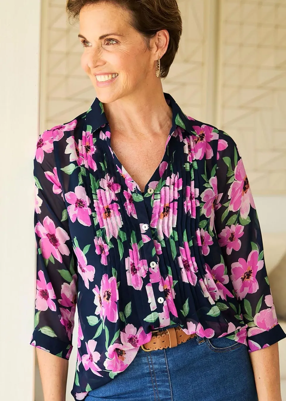Tops>Cotton Traders Navy Pintuck Chiffon Blouse & Cami