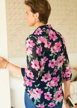 Tops>Cotton Traders Navy Pintuck Chiffon Blouse & Cami