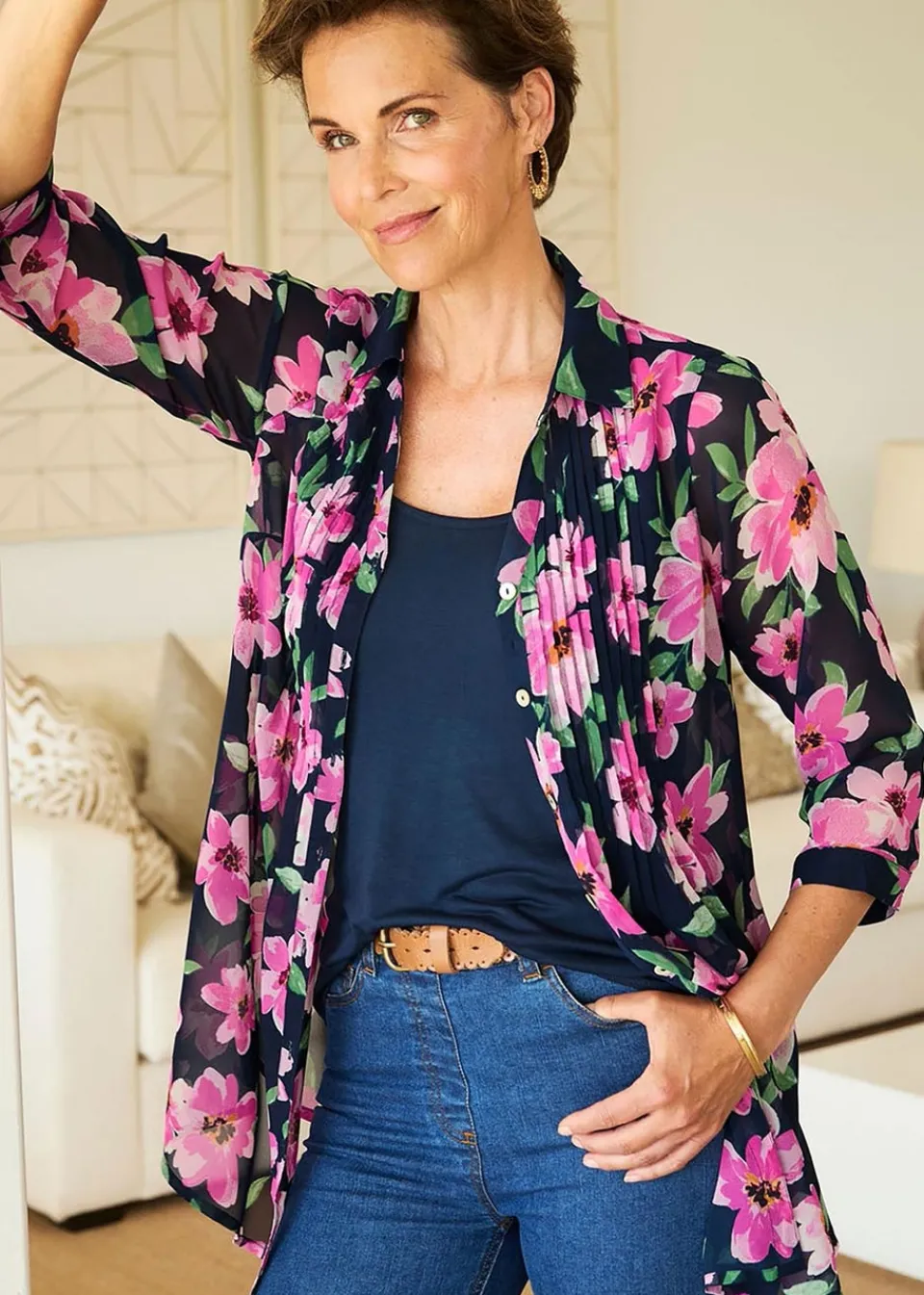 Tops>Cotton Traders Navy Pintuck Chiffon Blouse & Cami