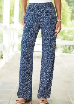 Trousers>Cotton Traders Navy Printed Pull-On Wide-Leg Trousers