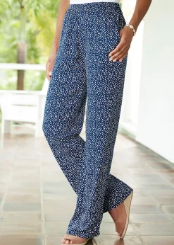 Trousers>Cotton Traders Navy Printed Pull-On Wide-Leg Trousers